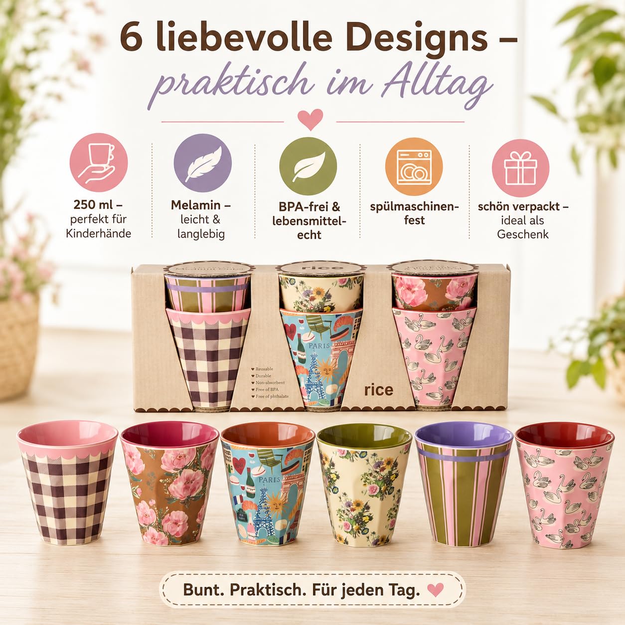 ReWu RICE Melaminbecher 6er Set Bon Vivant Design, 250 ml, bunt
