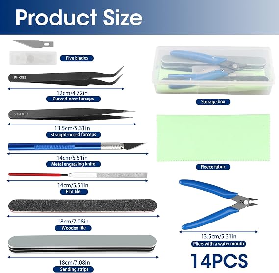 14 PCS Model Making Tool Kit - Hobby Building Tools Set for Plastic Model Kits, Gundam, Car Models, Miniature Assembly and Repairing with Storage Box