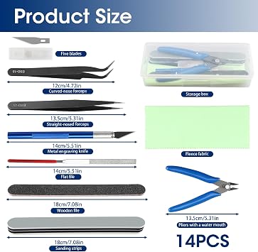 14 PCS Model Making Tool Kit - Hobby Building Tools Set for Plastic Model Kits, Gundam, Car Models, Miniature Assembly and Repairing with Storage Box