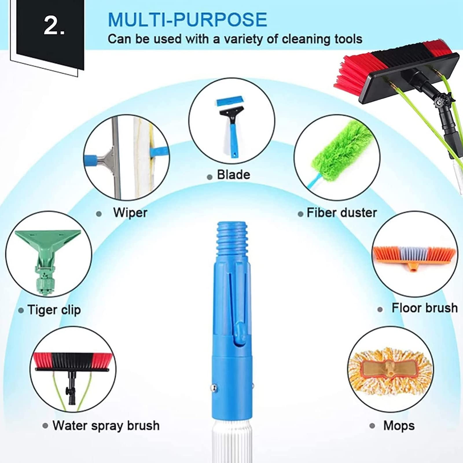 Kit per la Pulizia delle finestre - Sistema con Asta da 6 m alimentata ad Acqua con Testina a Spazzola da 50 cm per la Pulizia di vetri Esterni e Pannelli solari. Strumento di Lava