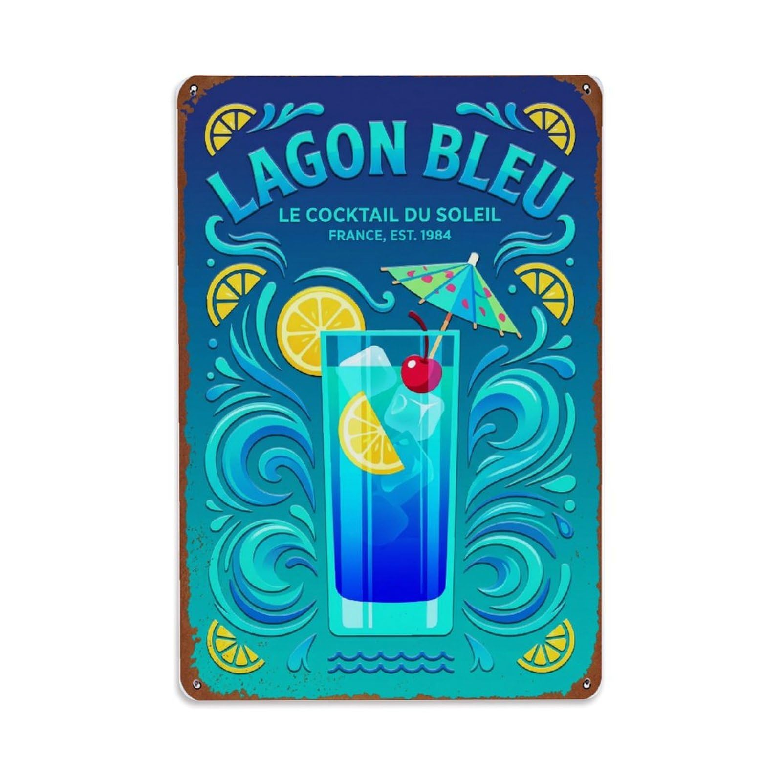 Blue Lagoon Sparkling Beverage Metal Tin Sign Plaque Wall Decor for Cafe, Club Bar, Office, Home Garden Metal Poster 8x12Inch