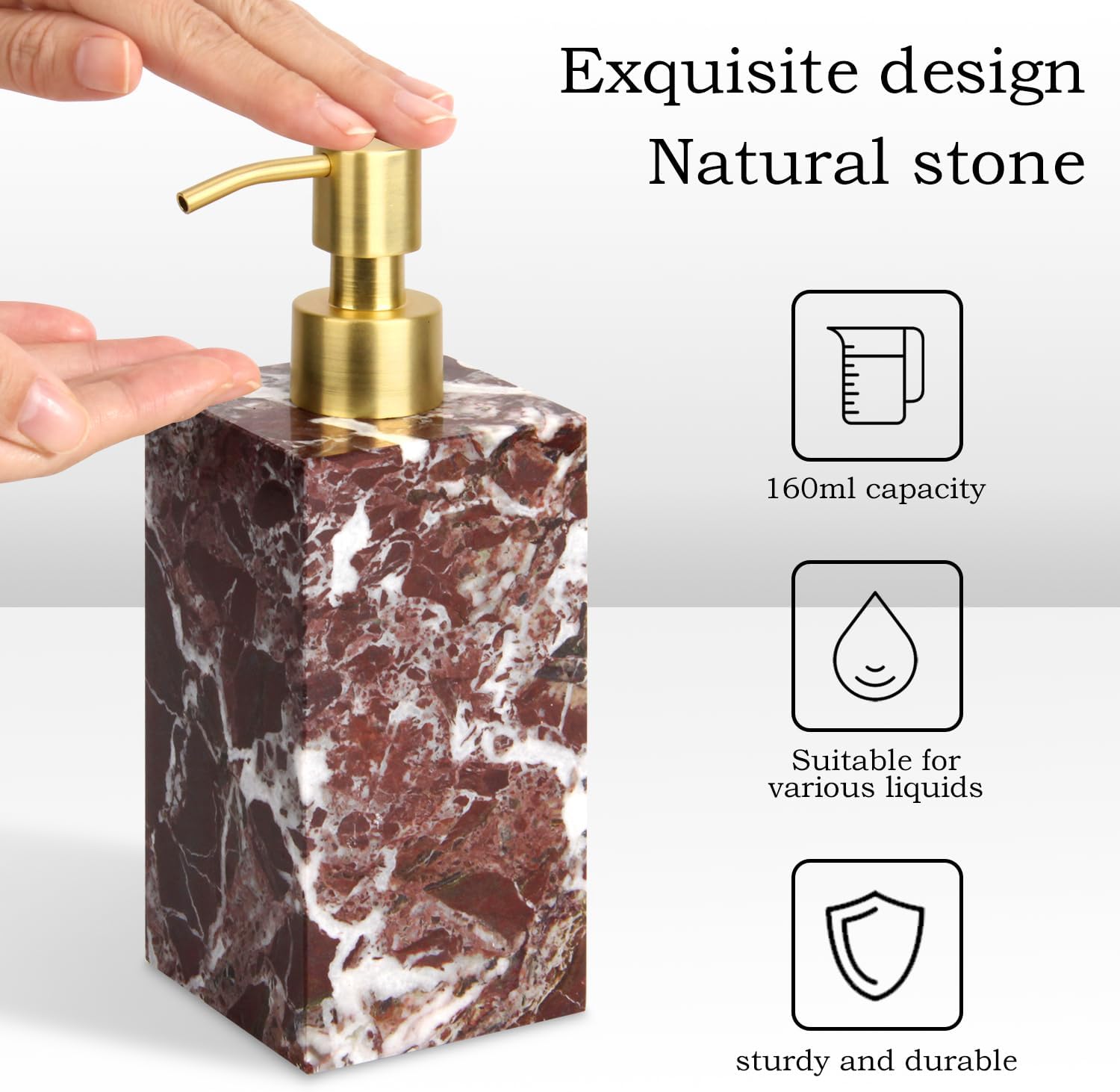 Condition photo showing New/Like New for natural marble soap dispenser, rosso lepanto, rectangular bottle | 5.41 ounces, for bathroom and kitchen countertop, hand lotion and liquid stone shampoo laundry bottle with gold pump rosso lepanto rectangular bottle 1