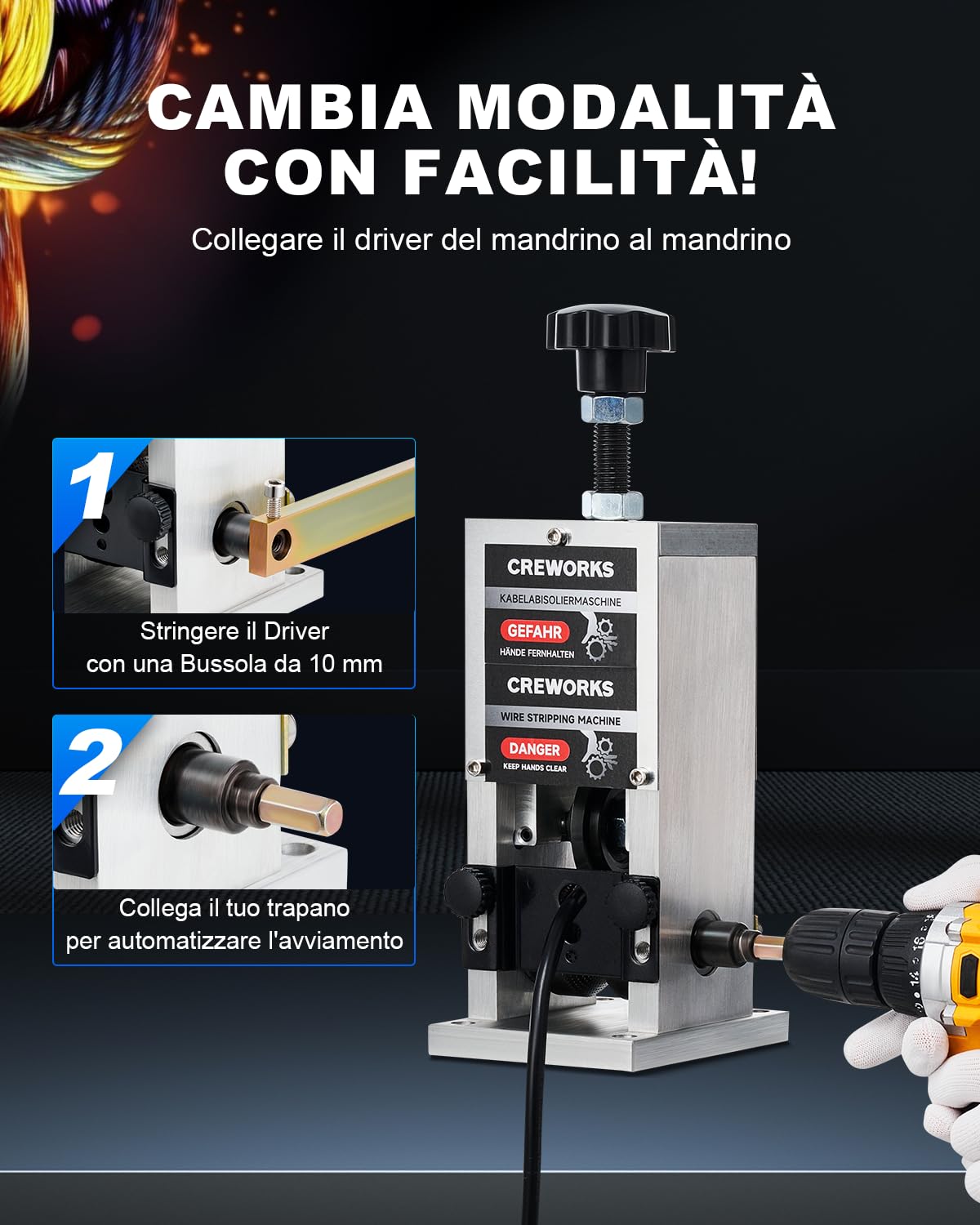 CREWORKS Macchina Spellacavi Manuale Professionale 3 Piastre Foro 5 Canali Cavi Φ1.5-25mm Recupero Rame