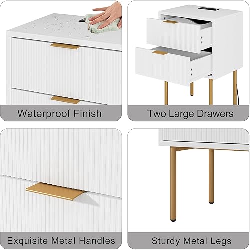 Miniatura 7 de AEPOALUA Mesita de noche con estación de carga, mesita de noche pequeña con dos cajones, mesita de noche blanca, mesa auxiliar con marco dorado,