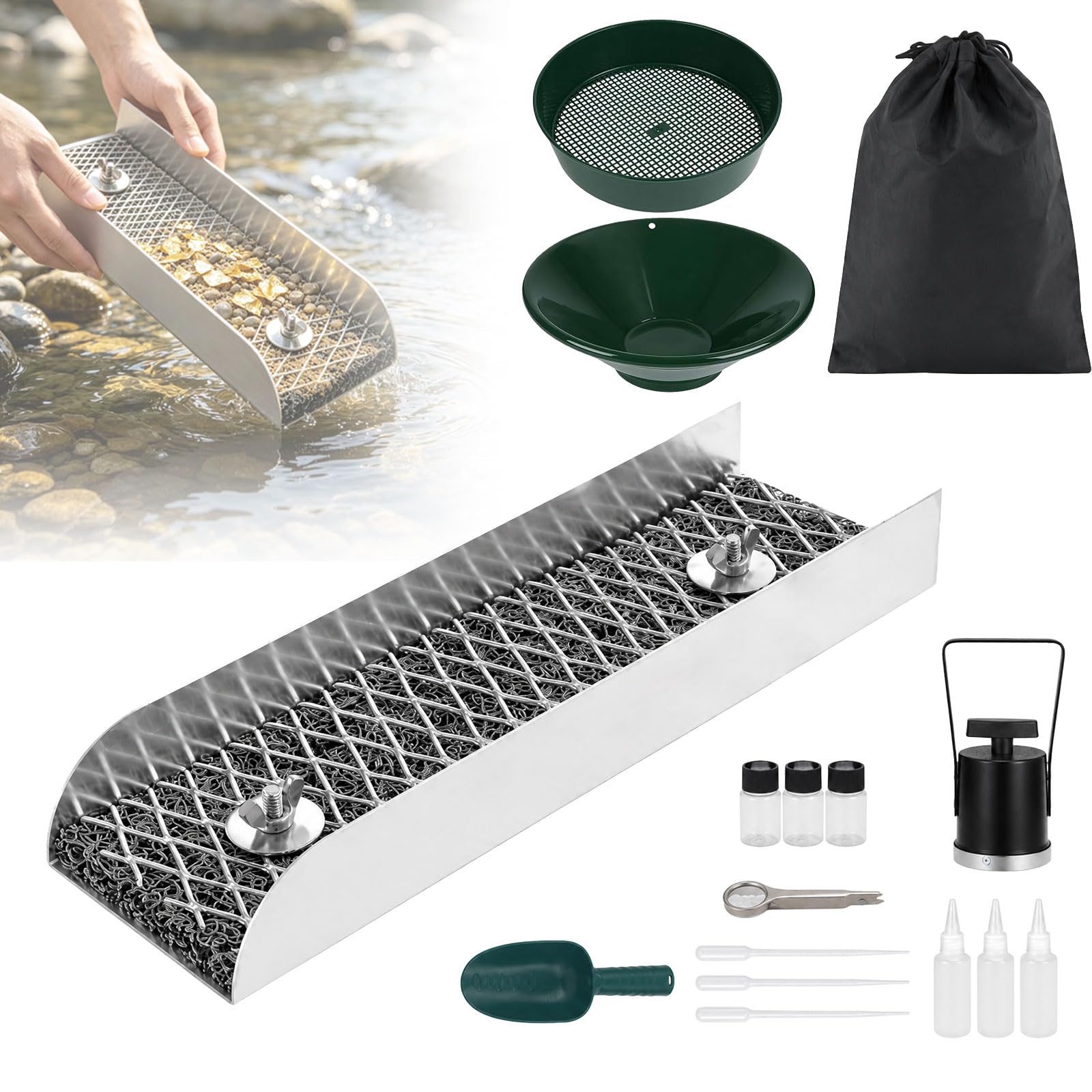 16Pcs Gold Panning Kit, 12" Portable Aluminum Alloy Sluice Box