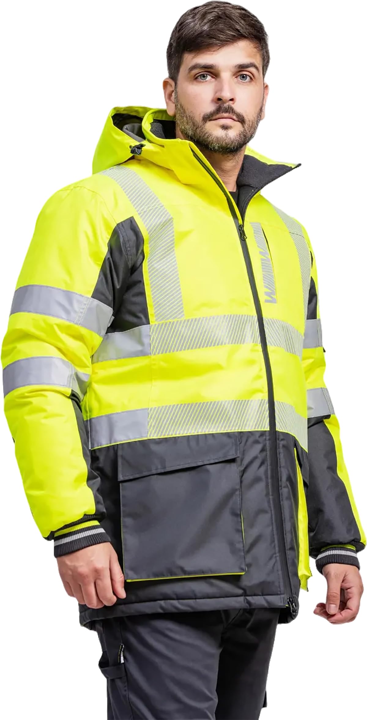 WORKTEAM Parka Alta Visibilidad Impermeable con Acolchado Térmico, Reflectantes Segmentadas, Capucha Desmontable y Forro Polar, Ropa Laboral Seguridad Clase 2