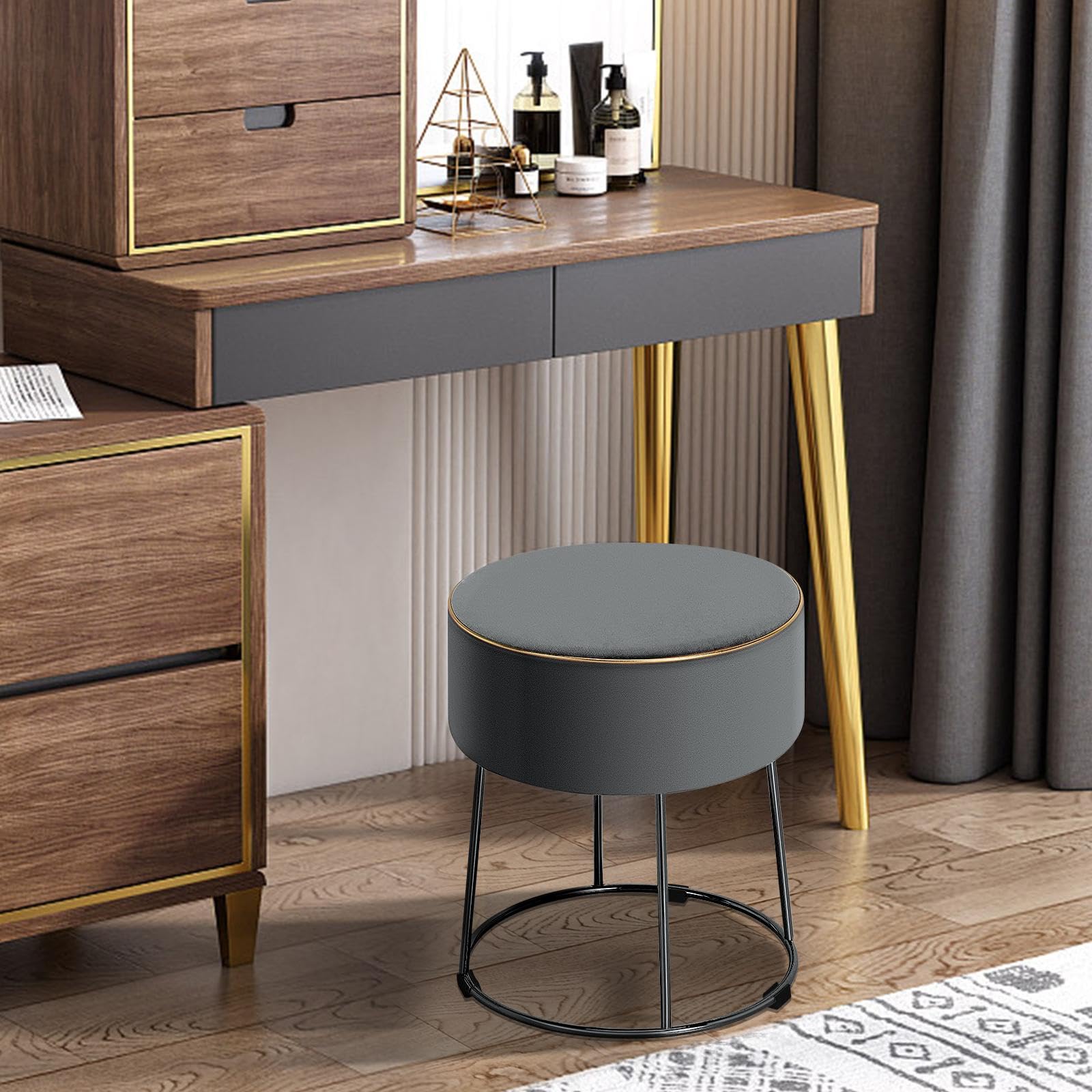 HOMASIS Kleiner Hocker für Schminktisch, runder Sitzhocker aus Samt, Fußhocker mit Metallbeinen, eleganter Polsterhocker, Schminkhocker Fußstütze für Wohnzimmer Schlafzimmer (Grau)
