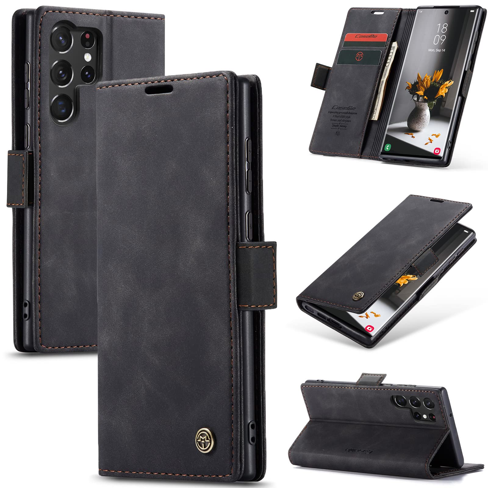 UEEBAI Wallet Case for Samsung Galaxy S22 Ultra 5G, Premium PU Leather Case Vintage Matte Wallet Flip Cover [Card Slots] [Magnetic Closure] Stand Function Shockproof Full Protection - Black