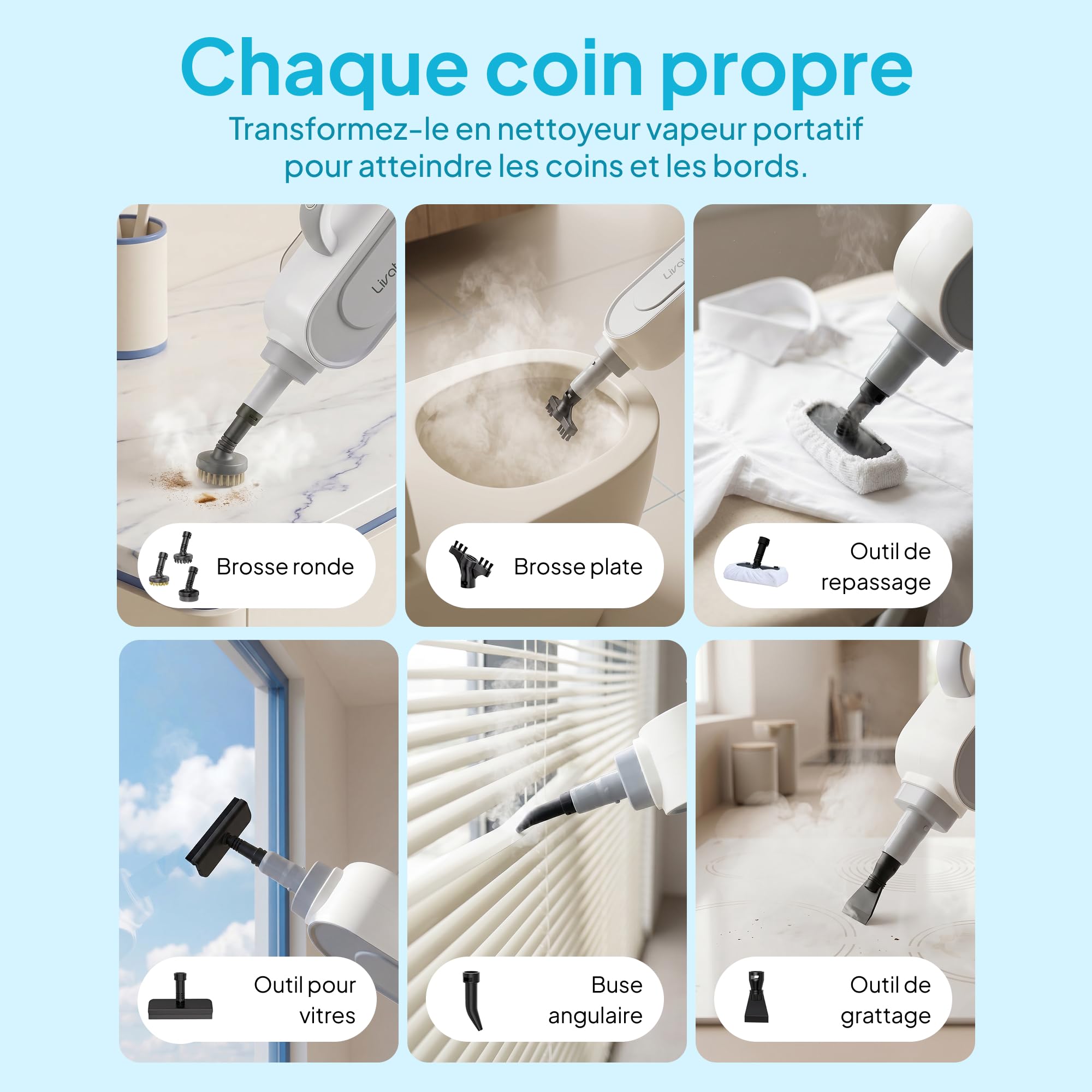 Livatro Balai vapeur 13 en 1 avec nettoyeur à main amovible