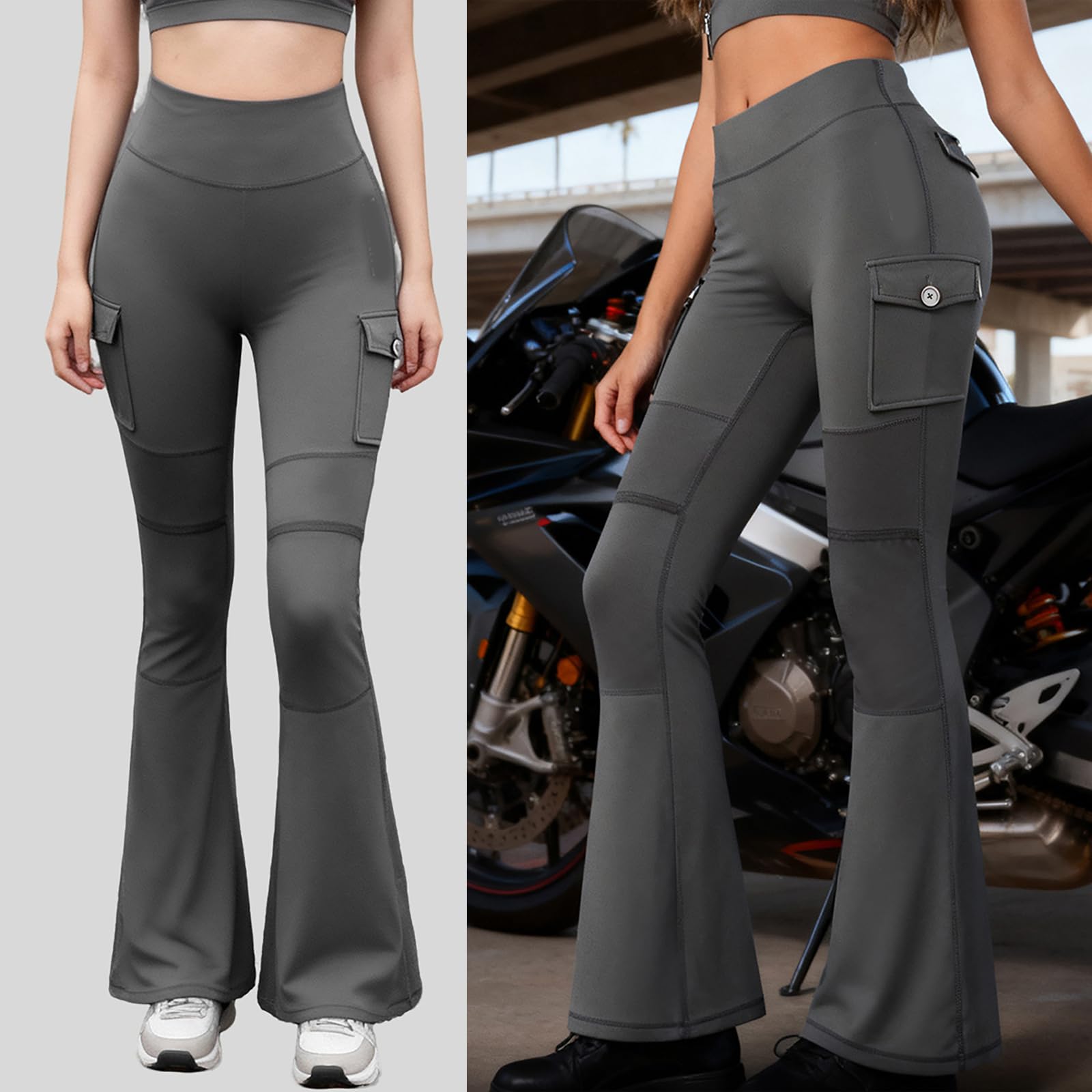 Kobiety Motocykl Leggings z wymiennymi podkładkami kolannymi, wysokiej talii brzucha kontrola spodnie rowerowe z kieszeniami ładunkowe, Slim Fit Stretch, do dojazdu pracy Casual Wear