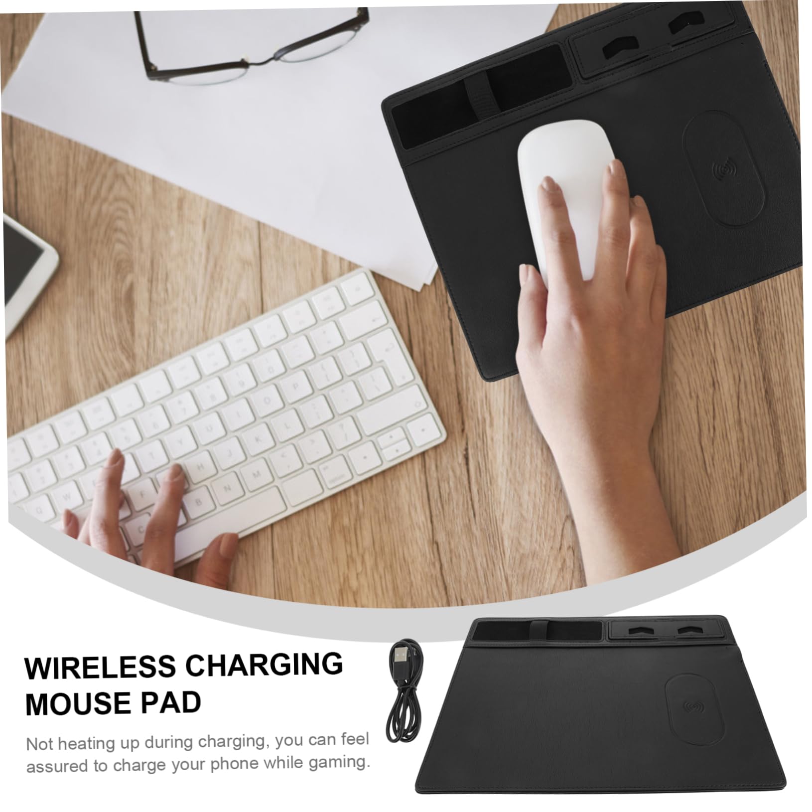 NUOBESTY Tappetino per Mouse in Pu Nero Ricarica Wireless 15w Superficie Anti-schizzi per Scrivania Ufficio Gaming