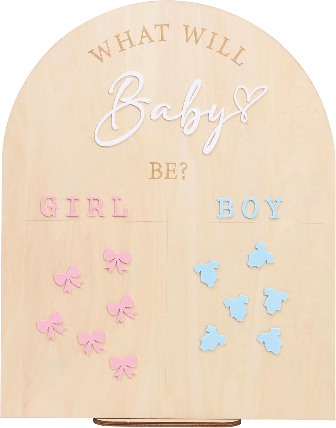 What Will Baby Be Wooden Board - Gender Reveal Voting Display Board,Girl or Boy Guessing Game Sign,Standing Gender Guessing Voting Card,Pink Bow or Blue Bodysuit Choice Sign (What Will Baby Be)
