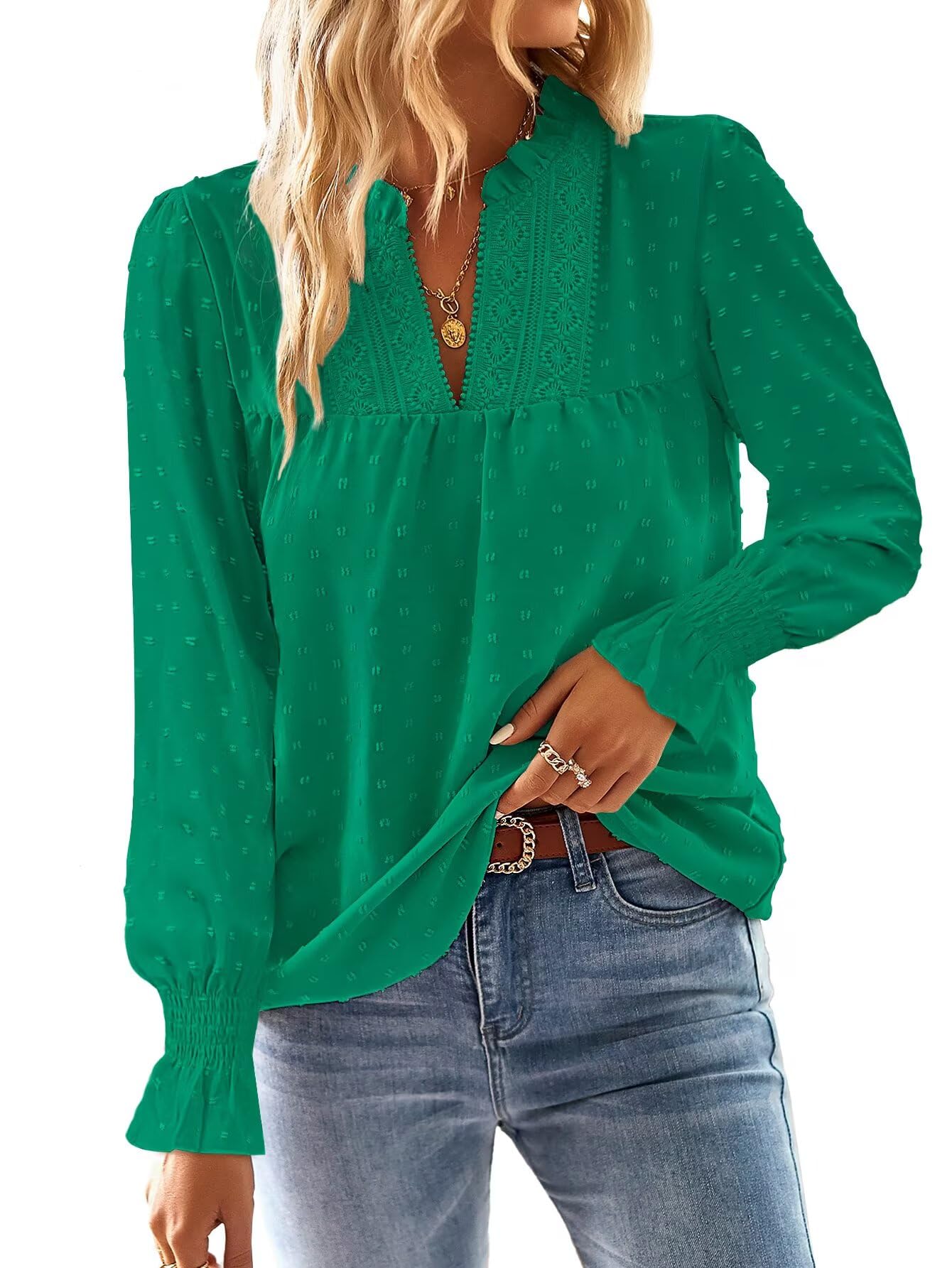 TUUHAW Langarmshirt Damen Herbst Boho Top Oberteile Fließend Elegant V-Ausschnitt T Shirt Süß Lässig Outfits Frühling Winter Longshirt Spitze Kleidung Paspel Volant Smaragdgrün M