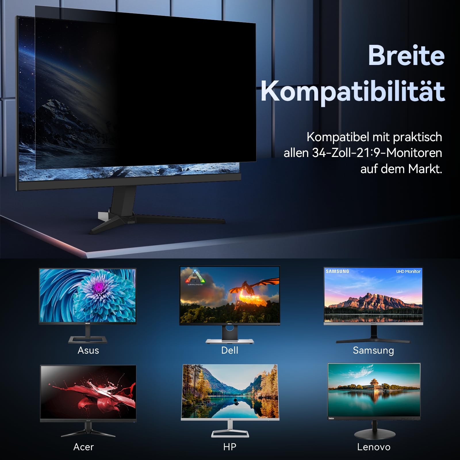 Computer Monitor Blickschutzfiter 34 Zoll Seitenverhältnis 21:9, Anti Blaulicht Blendschutz Displayschutz, Abnehmbarer Blickschutzfolie Sichtschutzfilter Kompatibel mit Lenovo/HP/Dell/Acer/Samsung