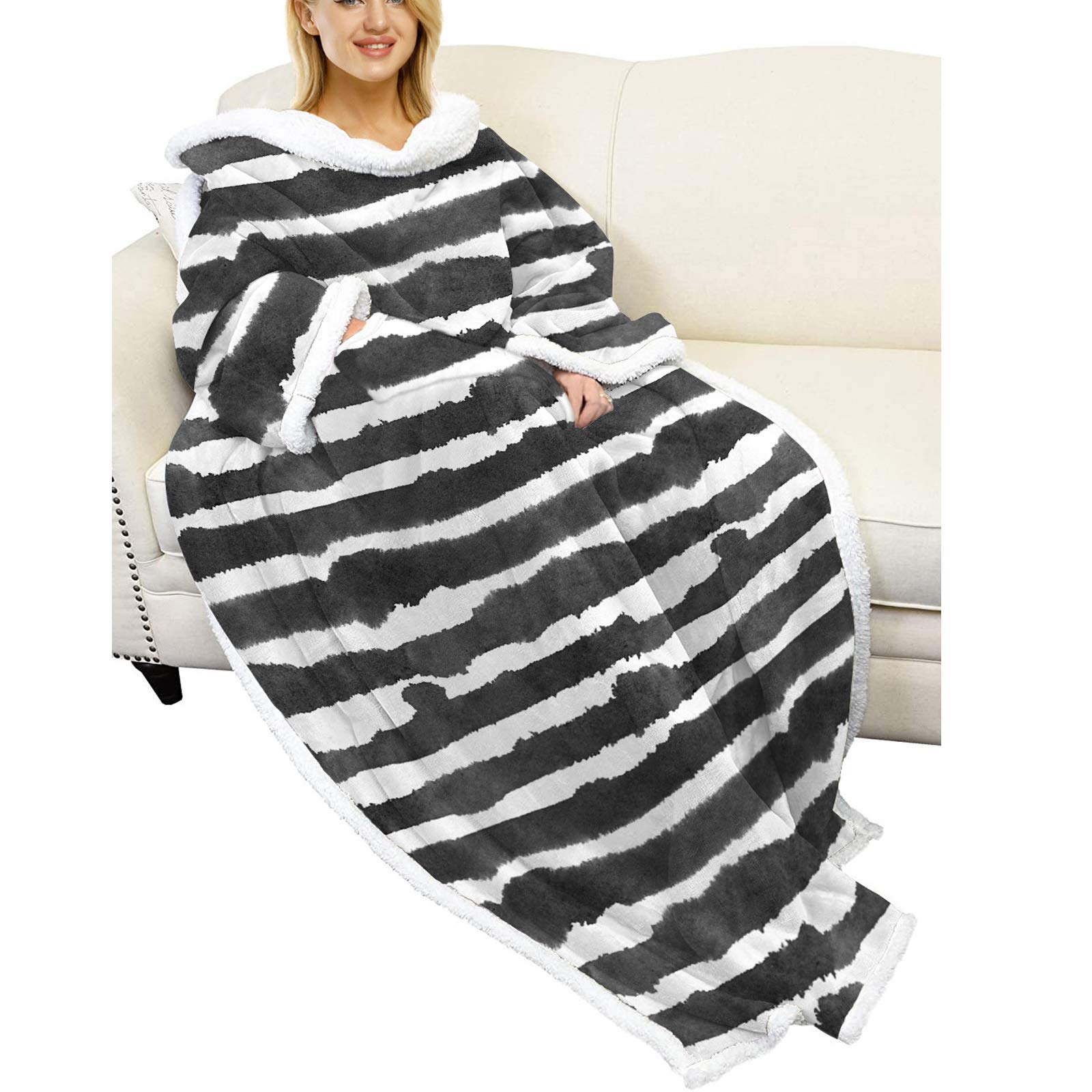 Manta Sherpa Ponible Para Adultos, Para Hombre Y Mujer Cómoda Y Calentita Manta Con Mangas, Manta Bata Para El Hogar, Bata Para Ver La Tele Manta De Sofá 001-One size