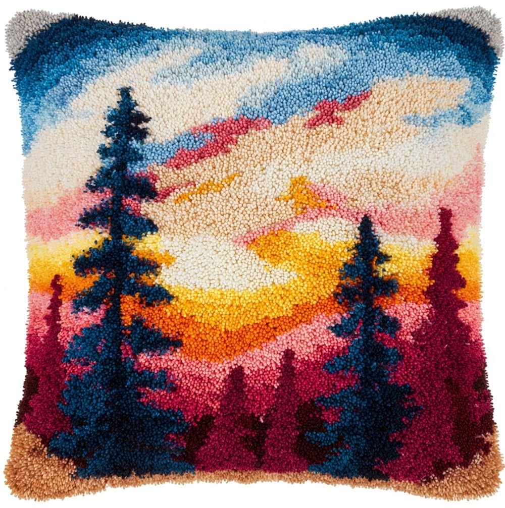 FWRTYCB Latch Hook Kits for Adults Beginners Sunset Mountain Tree Pillow S