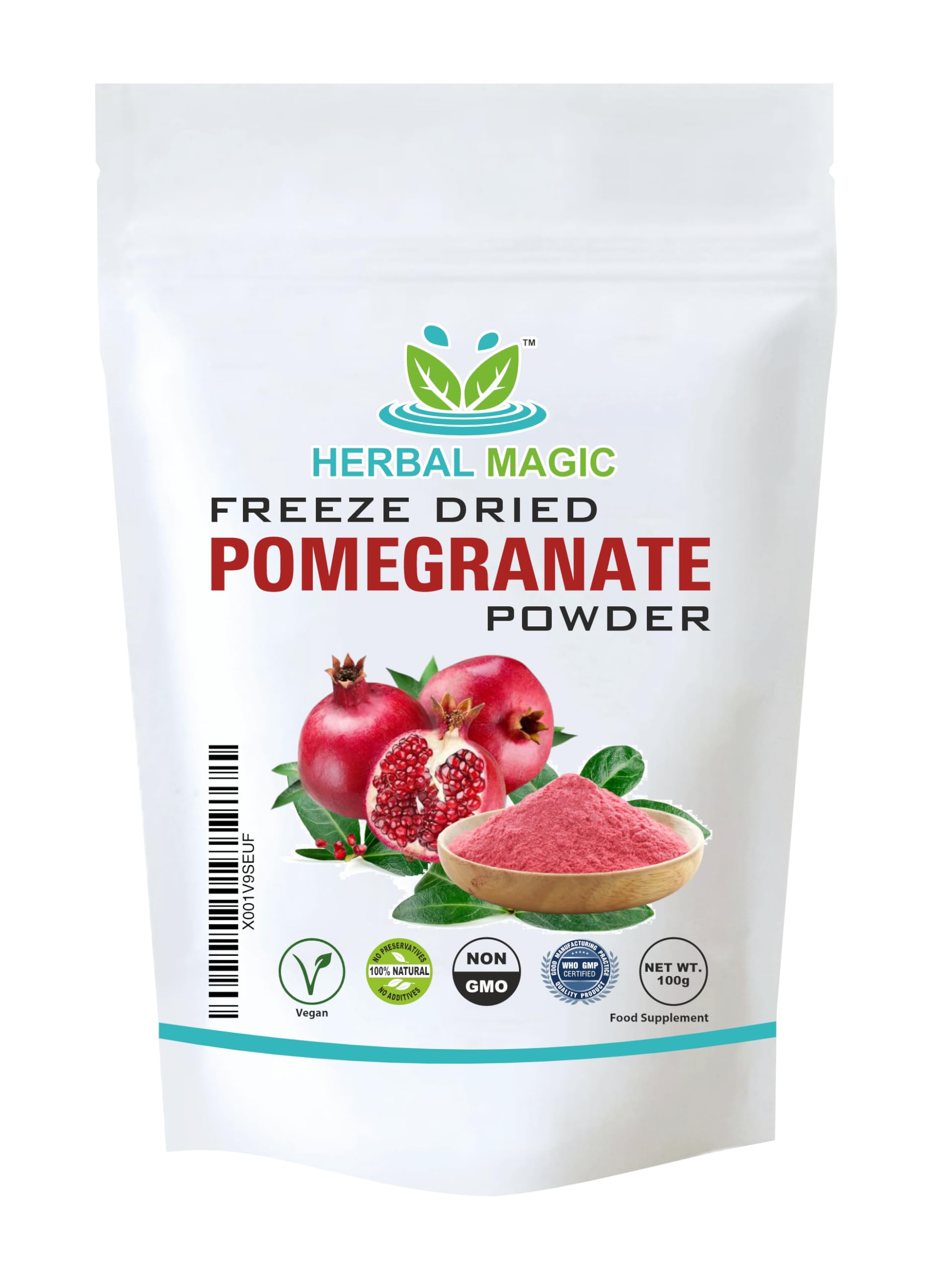 Herbal Magic's Pure Freeze Dried Pomegranate Fruit Powder - Rich & Vibrant Smoothies, Shakes, Juices, Baking, Cuisines - irresistibly delicious - for an active lifestyle -100g