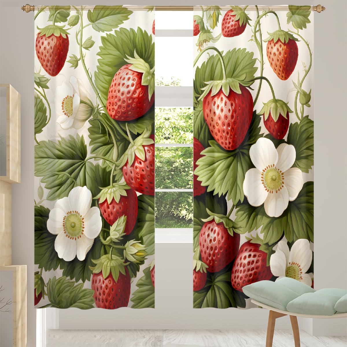 MPTPTM Sheer Curtains, Strawberry Leaf White Flower Light Filtering Curtains，Home Decoration for Living Room Bedroom Kitchen 55 * 78in*2