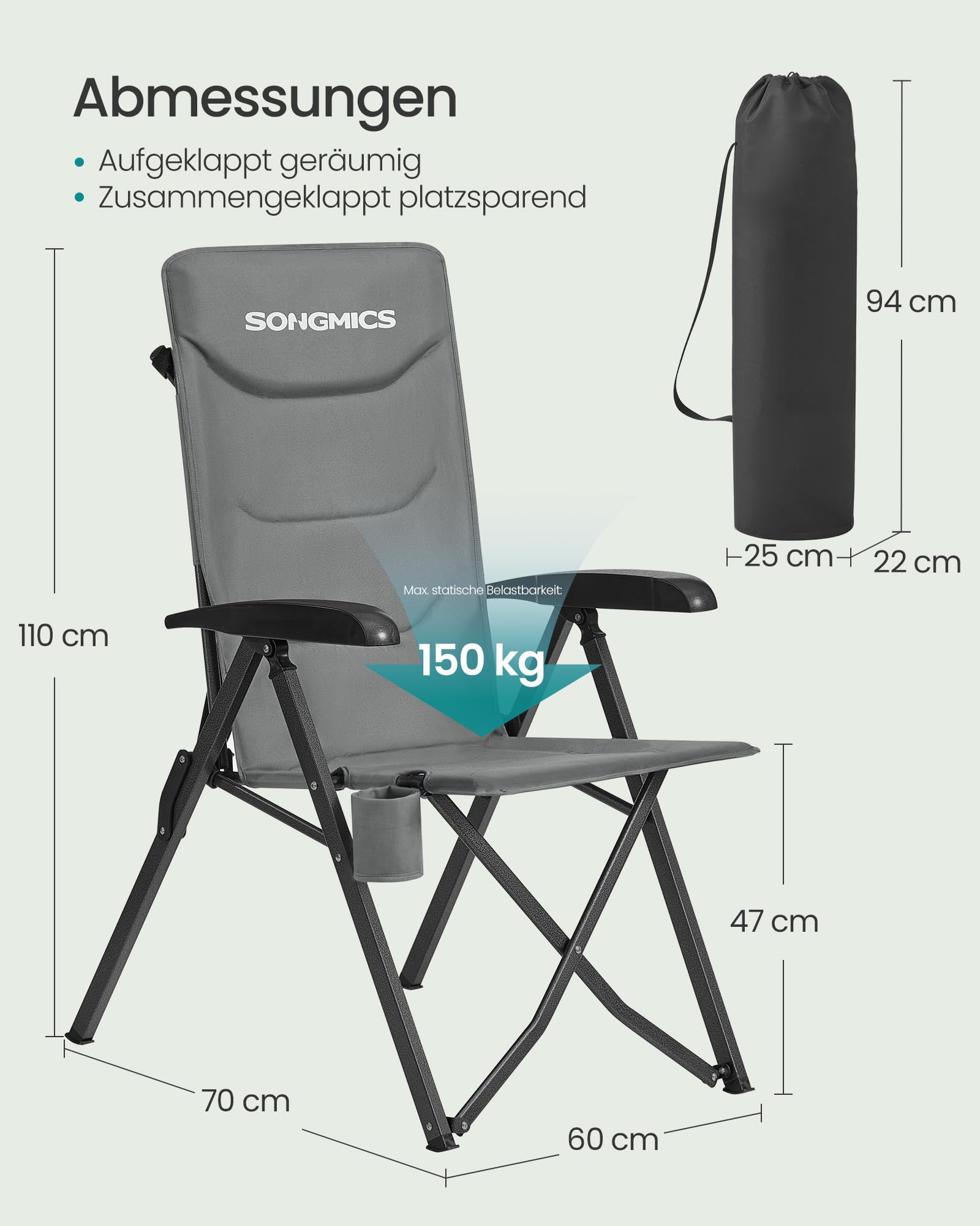 SONGMICS Campingstuhl faltbar, für Erwachsene, 95°-150° verstellbare Rückenlehne, Klappstuhl, drehbarer Getränkehalter, Tragetasche, Schultergurt, für Garten, Camping, Angeln, grau GCB015GZ01
