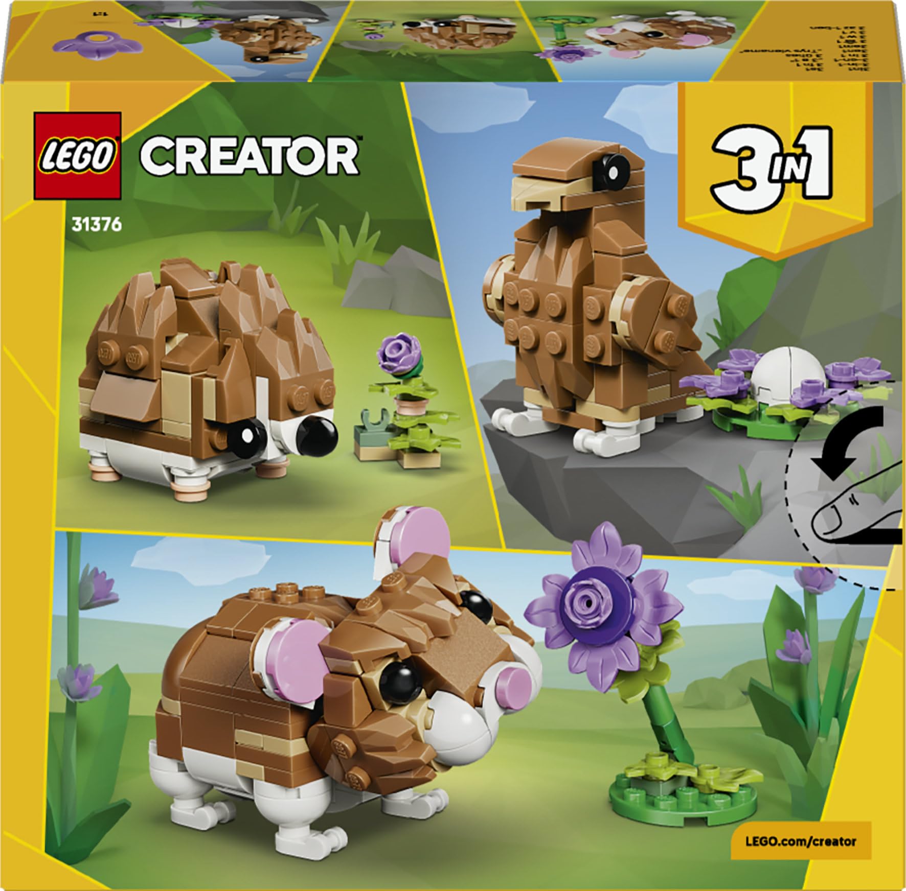 LEGO Creator 3-en-1 L’Adorable Hamster et la Fleur - Figurine d'animal se Transformant en Aigle ou Hérisson - Idée de Décoration Intérieure DIY - Cadeau d'anniversaire Fille ou Garçon dès 7 Ans 31376