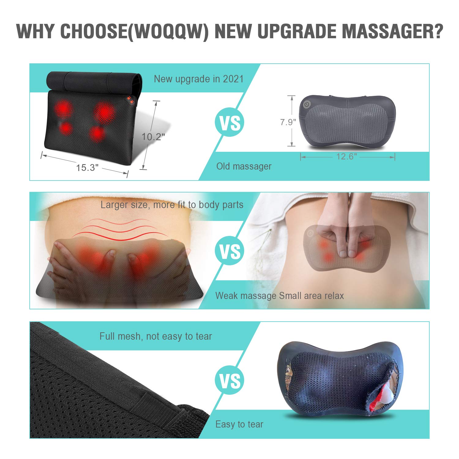 WOQQW Shiatsu Neck Back Massager Pillow with Heat - Relaxation Gifts for Women/Men/Mom/Dad - Deep Kneading Massage for Neck, Back, Shoulder, Leg, Foot and Muscl, Use at Home, Office, Car