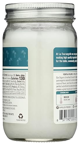 Vista 2 de La Tourangelle Aceite de coco virgen orgánico 14 Fl. Oz., Aceite de coco orgánico, ideal para cocinar, hornear y para el cuidado del cabello