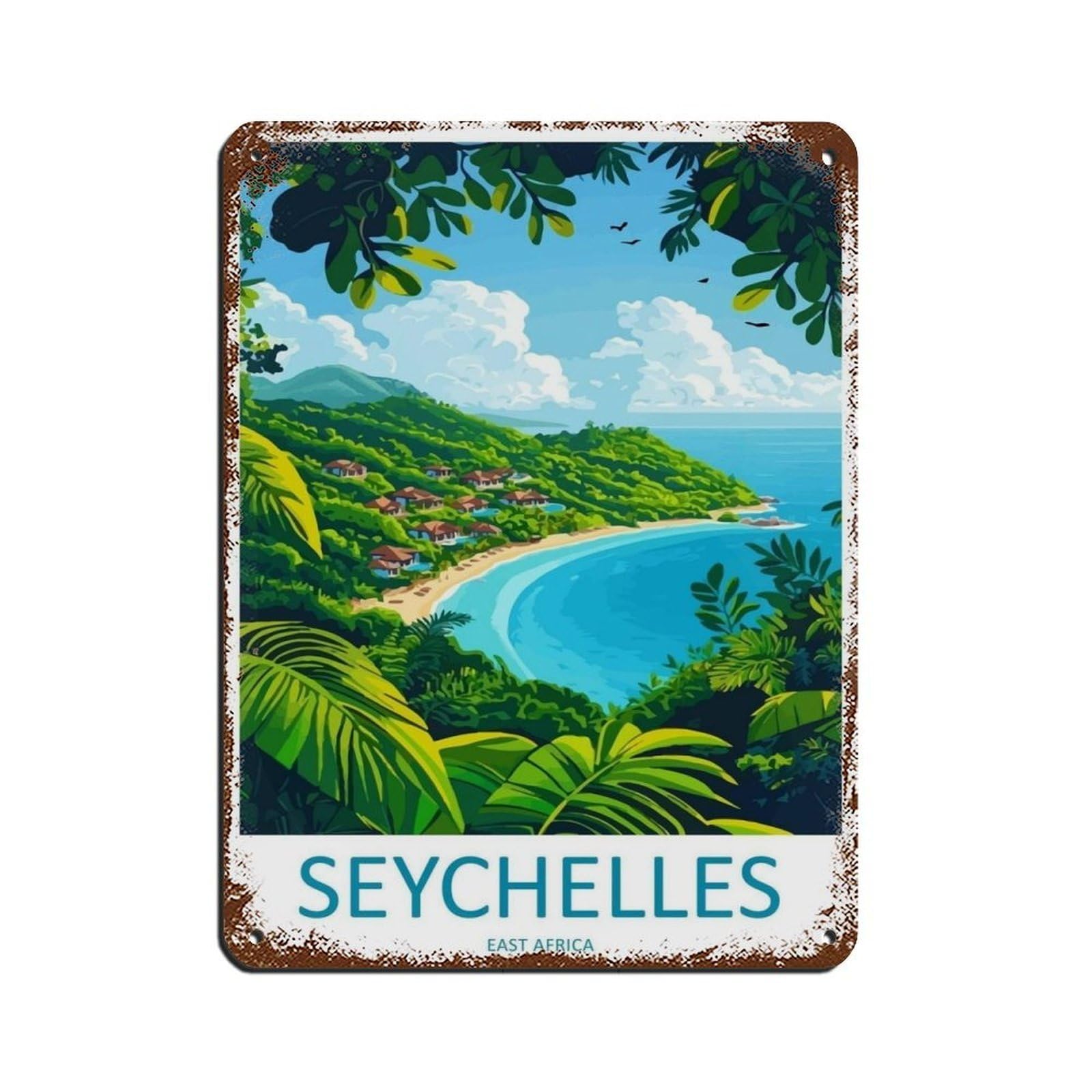 Seychelles Cartoon Travel Poster Island Art Retro Poster Metal Tin Sign Chic Art Retro Iron Painting Bar People Cave Cafe Family Garage Poster Wall Decoration 12x16inch(30x40cm)