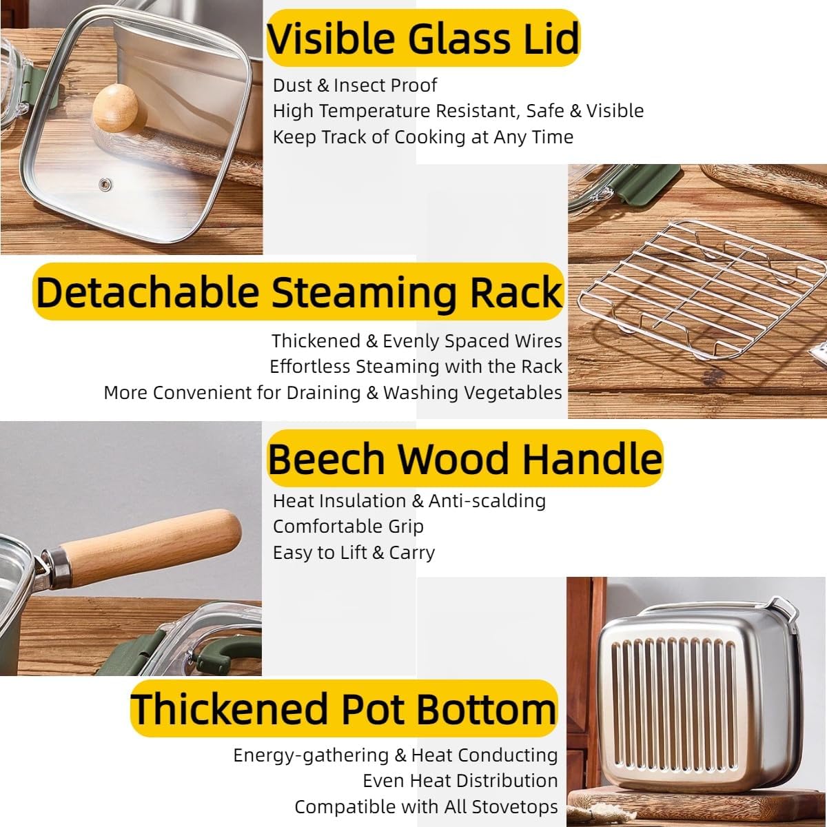 4 in 1 Deep Fryer Pot with Basket & Steamer Rack,Stainless Steel Stovetop Fryer,Detachable Handle Converts to Food Storage Container,Induction,Gas,Electric,Ceramic, Dishwasher Safe,2.8Qt