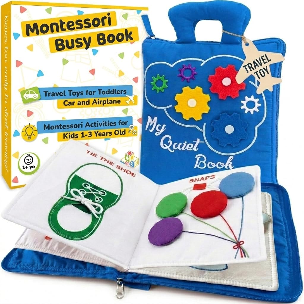 deMoca Toddler Travel Toys for Airplane and Car Rides, Quiet Busy Book for Toddlers 1-3, Plane Toys for 1 Year Old, Montessori Activity Book with All Parts Attached, Screen