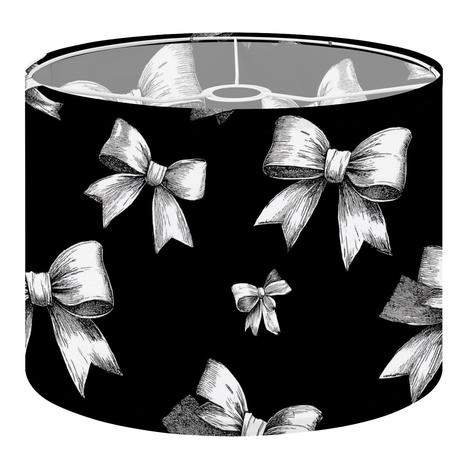 Fabric Drum Lamp Shade White Ribbon Bows Hand Drawn Bows Patterns Black Gift Vintage Funky Medium Linen Decorative Lampshades 13inch Set of 1 for Table Lamps, Floor Lamps,Ceiling Lamp