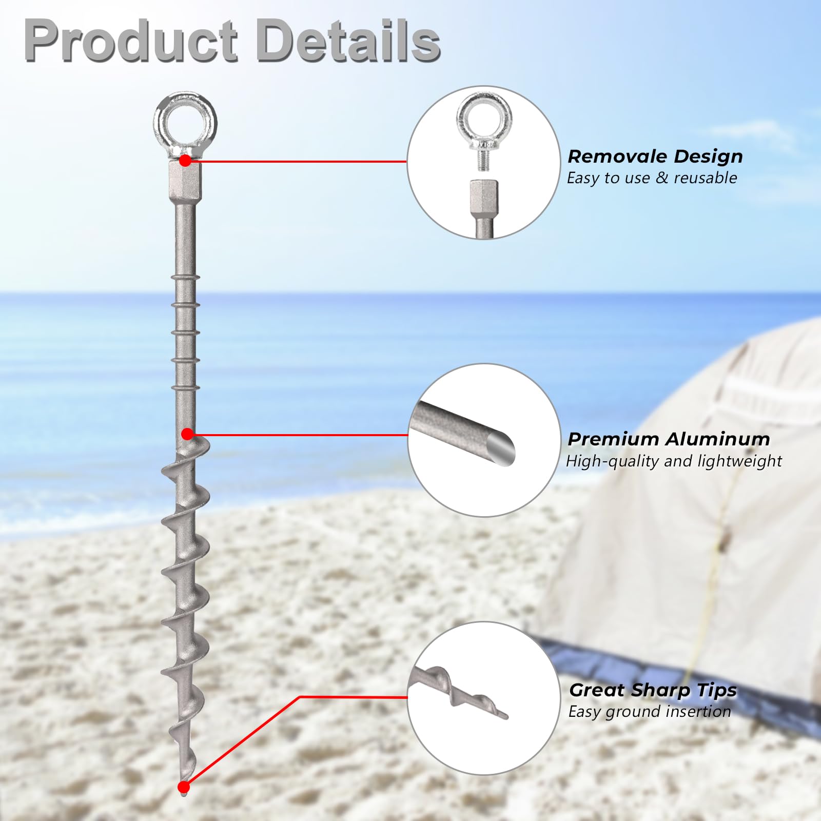 Bodenanker, 35,6 cm, rostfreier Aluminiumguss, abnehmbare Zeltheringe für Campingzelte, Sand, Trampolin, Schaukel-Sets und Schuppen (16 Packungen)