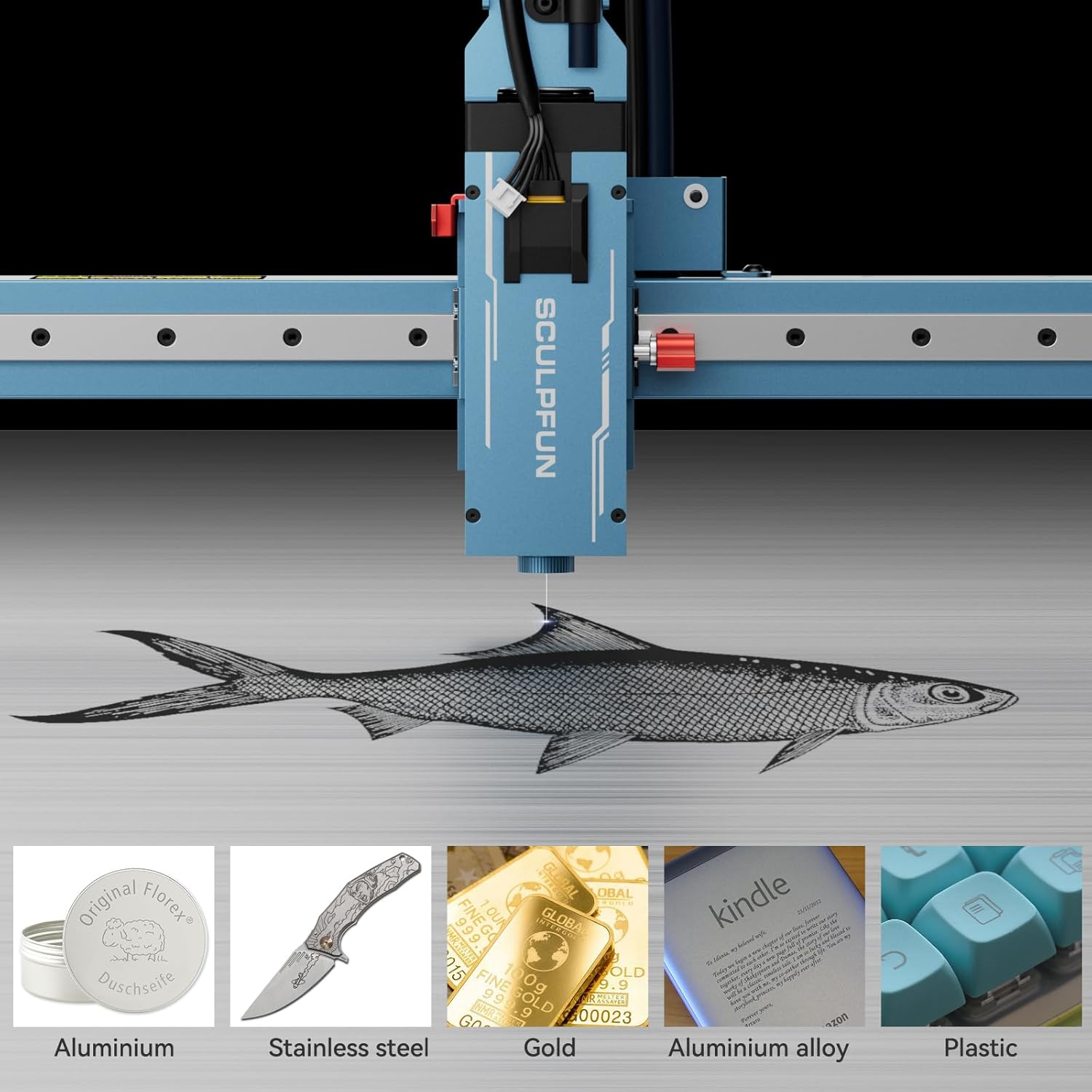 Examples of materials engraved with the SCULPFUN IR-2 module, including aluminum, stainless steel, gold, aluminum alloy, and plastic.