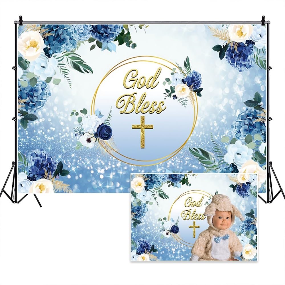 Vie Savaran 6x4ft Baptism Backdrops God Bless Crucifixion Blue Floral Glitter Sequins Sanctuary Decor Our Lord Jesus Banners for Christening Ceremony