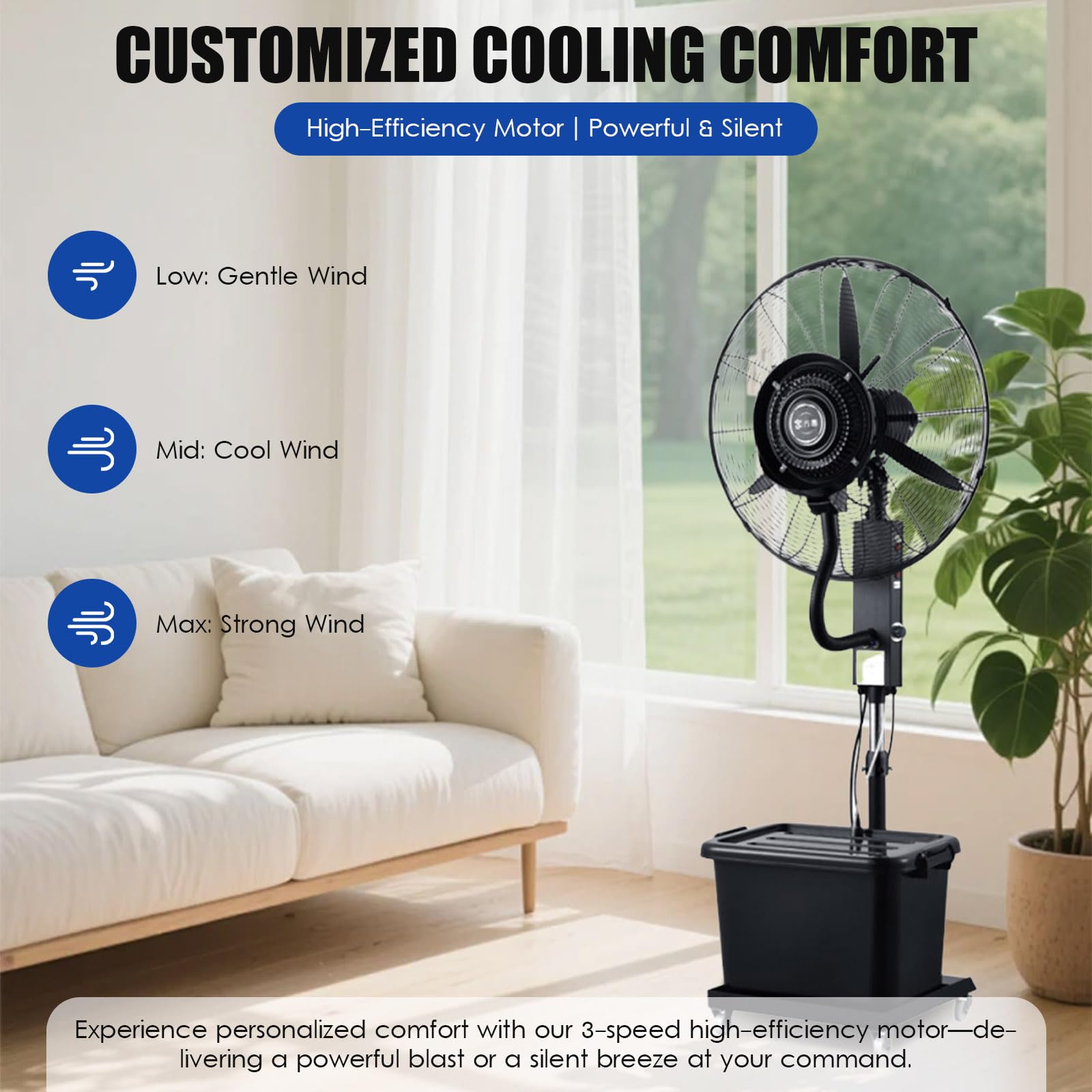 Ventilatore ad Acqua Industriale su Ruote, Grande Ventilatore a Nebulizzazione 40L, Ventilatore a Tamburo in Metallo a 3 Velocità, Altezza Regolabile