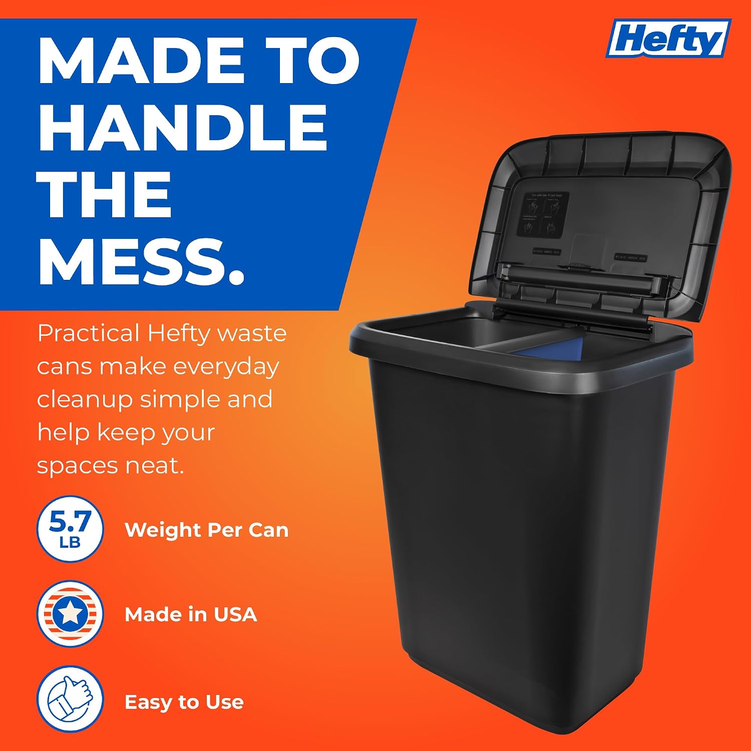 Hefty 20.4 Gallon Trash Can with Divider, Plastic Garbage Can Extra Large Capacity for Kitchen Garage Recycling, Dual Waste Basket, Heavy Duty Trash Bin, 1 Pack, Black