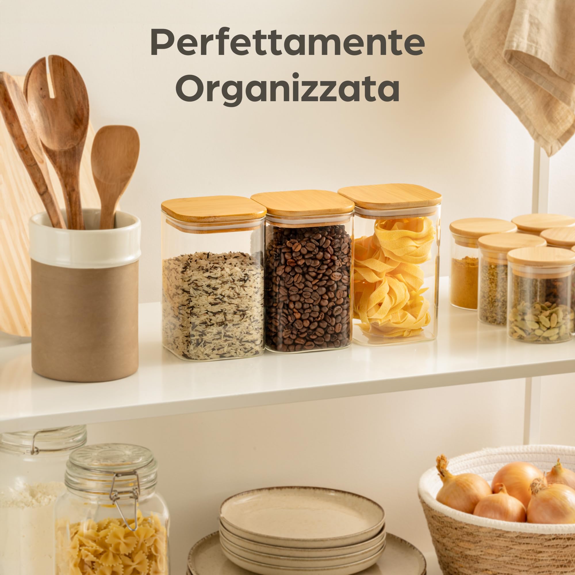 Praknu Set di 3 Barattoli di Vetro con Coperchio - 1 l - Quadrati - Ermetici - Con 6 Guarnizioni - Lavabili in Lavastoviglie