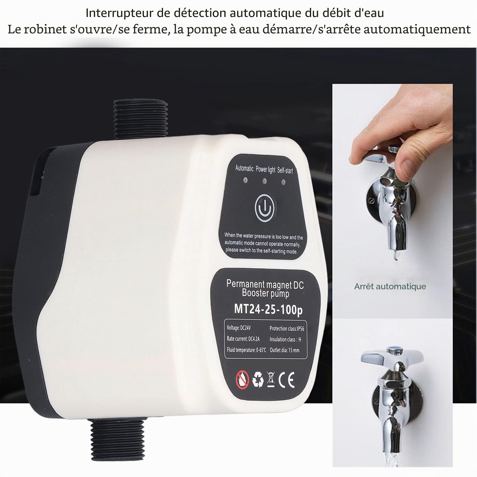 Pompe de Surpression Eau Silencieuse Automatique 24V 100W pour Douche et Ménage Réservoir 25L Boosteur Pression D'eau Domestique