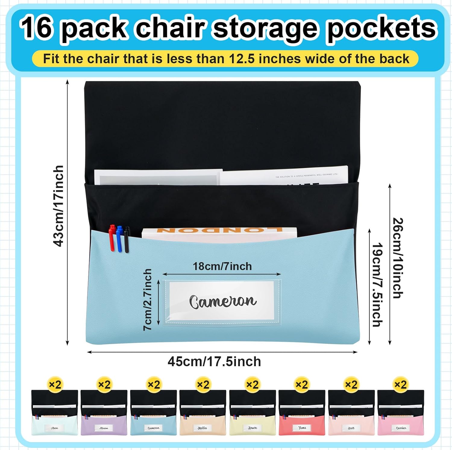 16 Pcs Classroom Chair Pockets 18 x 19 Inch Double Sacks Chair Pockets for Classrooms Seat Storage Pocket Back of Seat Bags for Student