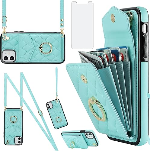 Asuwish Funda de teléfono para iPhone 12 Mini 5.4, funda tipo cartera con protector de pantalla de vidrio templado y correa para la muñeca, bloqueo