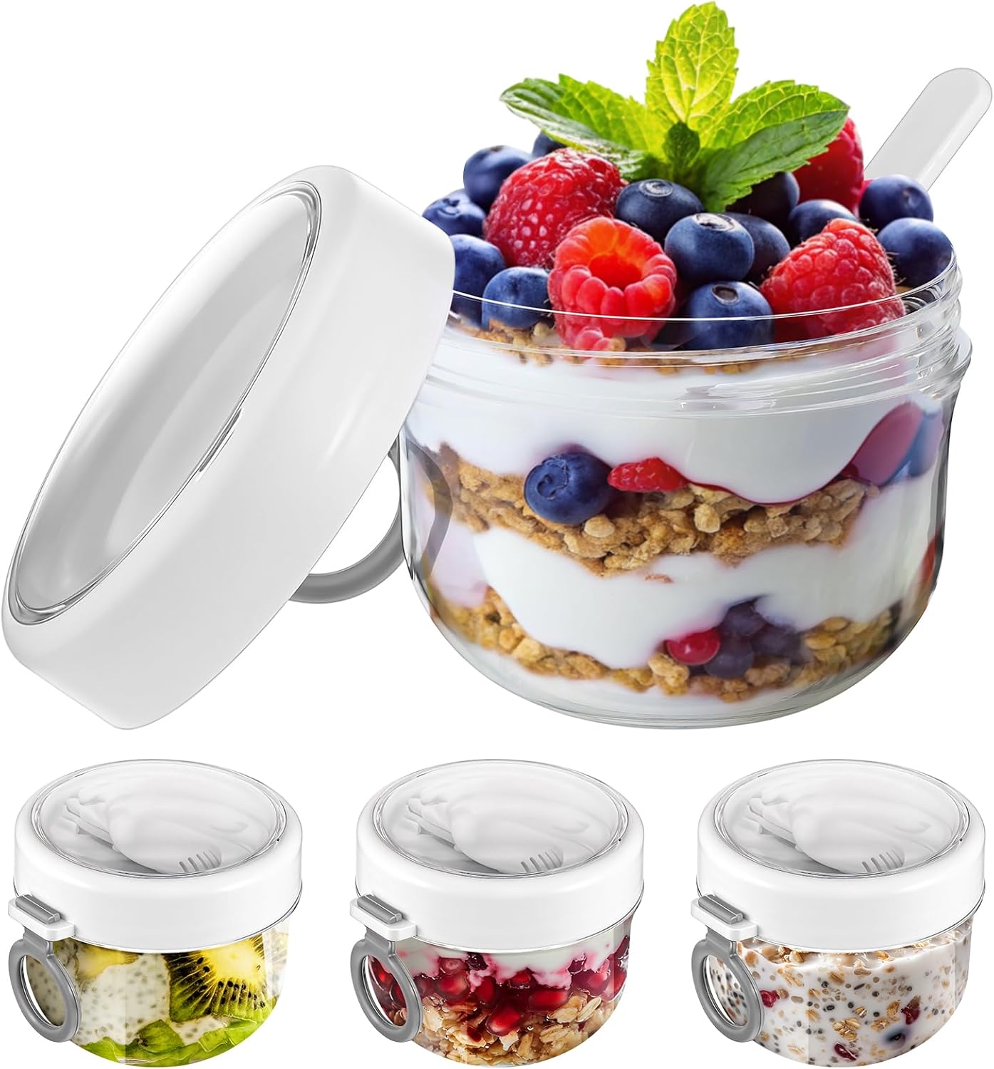4 Pcs Overnight Oats Container with Lids and Spoons, 20 oz Plastic Overnight Oats Jars Large Capacity Airtight Yogurt Container for Milk, Fruit, Cereal and Salad Storage - Image 2