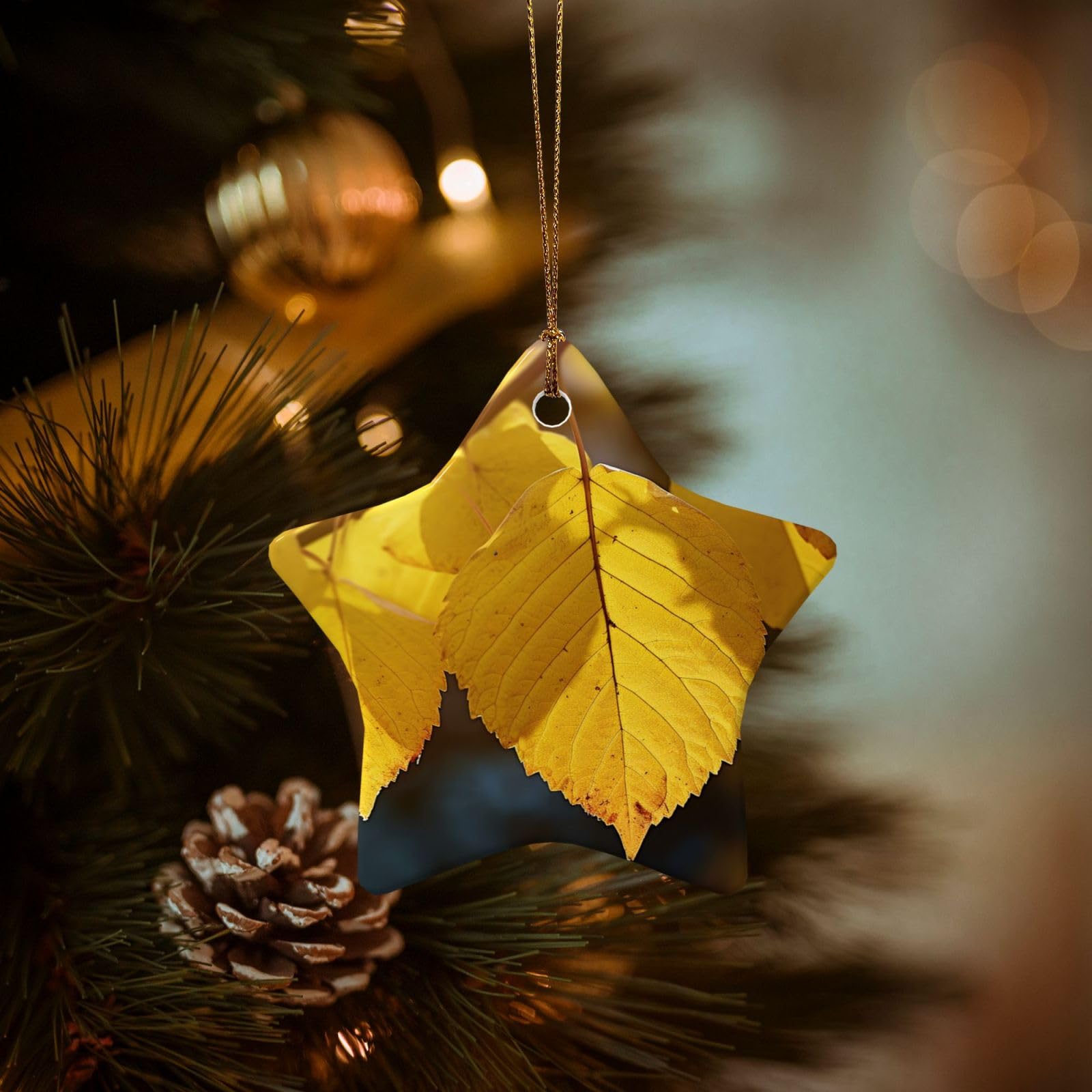 Christmas Ornaments for Christmas Tree Decoration Hanging Yellow Leaves Ornament with Gold Ribbon Crafts Star Shape Ceramic Pendant for Keepsake Gifts Xmas Decor Party Supplies
