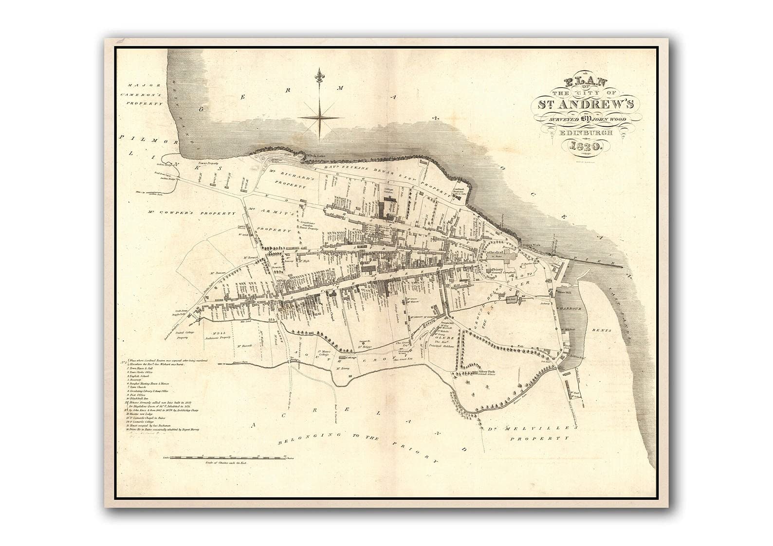 Printagonist Old Map Of St. Andrews, Ancient Scottish Map, Fine Art Print, Antique Town Survey By John Wood, St Andrews University, Large (200Gsm Silk, 32 X 28 Inches)