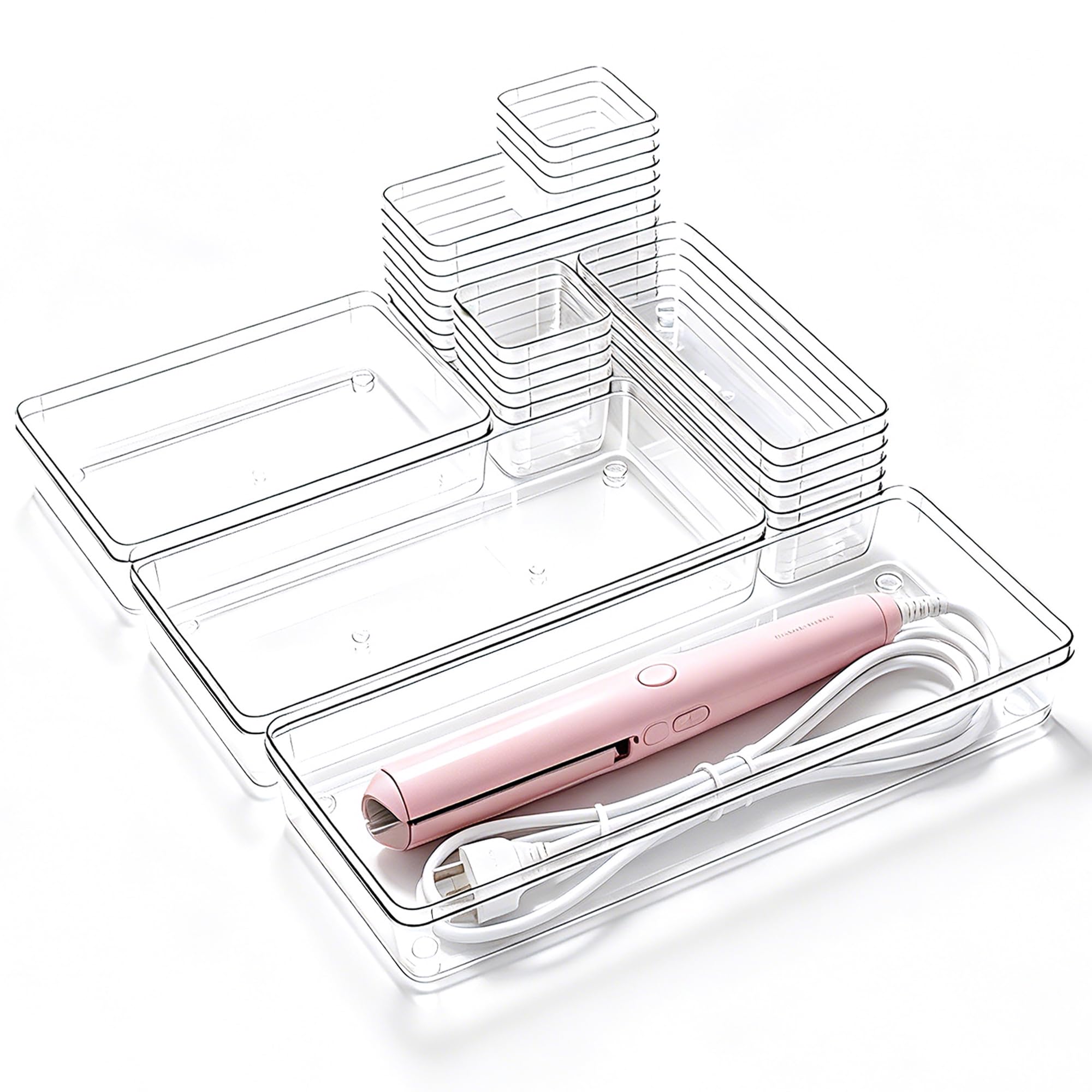 Manalete 31 Pcs Clear Plastic Drawer Organizer, Makeup &amp; Vanity Organizer
