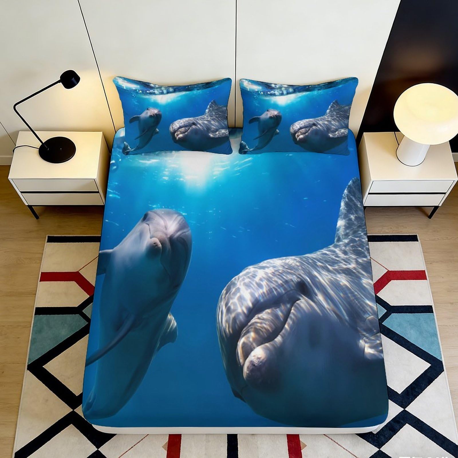3D Printed Dolphin Ocean Fitted Sheet Microfiber Soft Breathable Underwater Bed Cover for Bedroom Dorm Decor 90x200x25cm