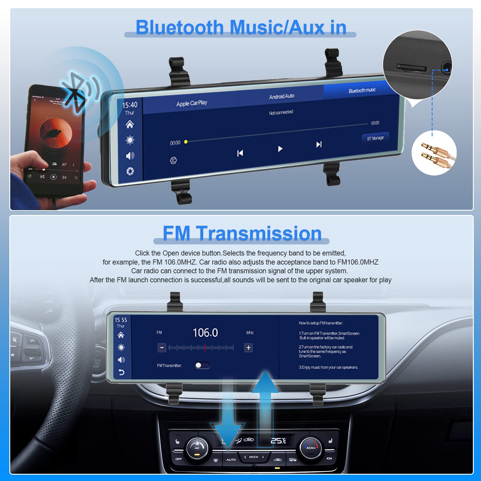 Specchio Retrovisore Auto Dash Cam Carplay Android Auto, Bluetooth, 11,26 Pollici Touchscreen IPS Specchio Retrovisore DVR, Anteriore e Posteriore Telecamere WDR, Specchio Dash Cameras FM, AUX in