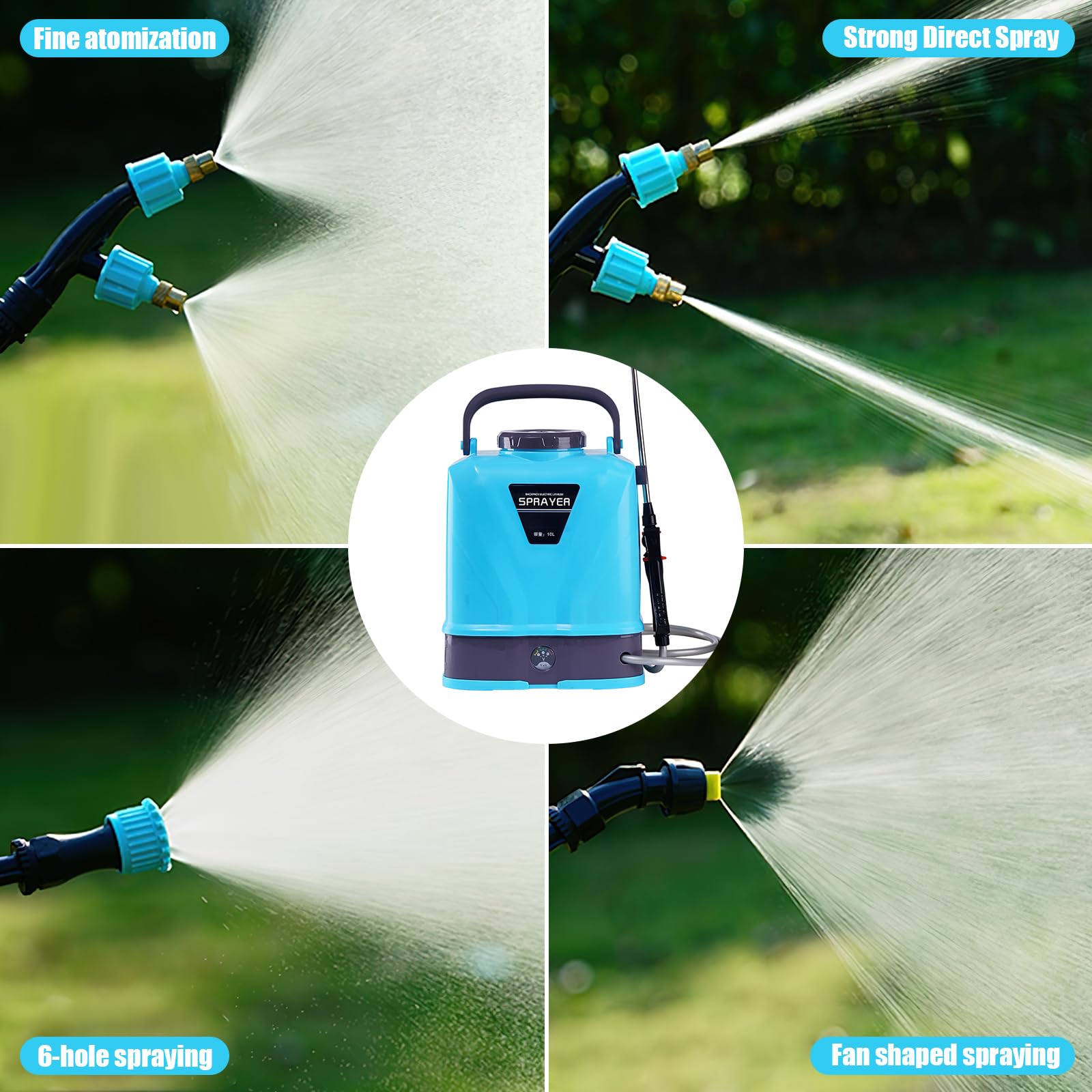 Spruzzatore a pressione da 10 litri, spruzzatore a batteria con 5 ugelli per nebbia, manico USB ricaricabile e lancia retrattile, spruzzatore a pressione per prato e giardino (batteria*1)