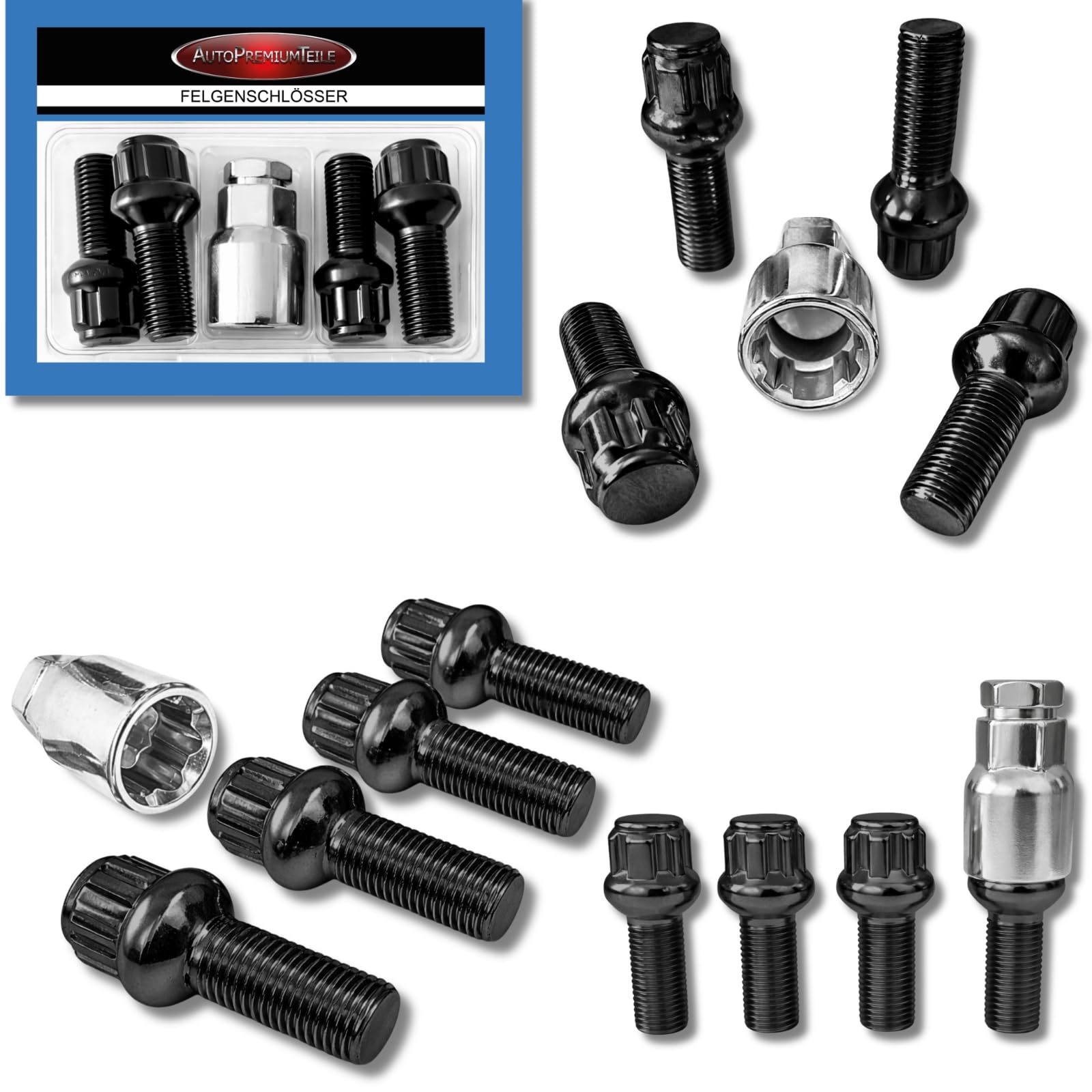 Felgenschloss M14x1,5x28mm Kugelbund R14 kompatibel mit Audi Infiniti Mercedes Porsche Toyota 4x schwarze Felgenschlösser 4er-Set Felgensicherungen Radsicherungen Radschlösser Radschrauben Radbolzen