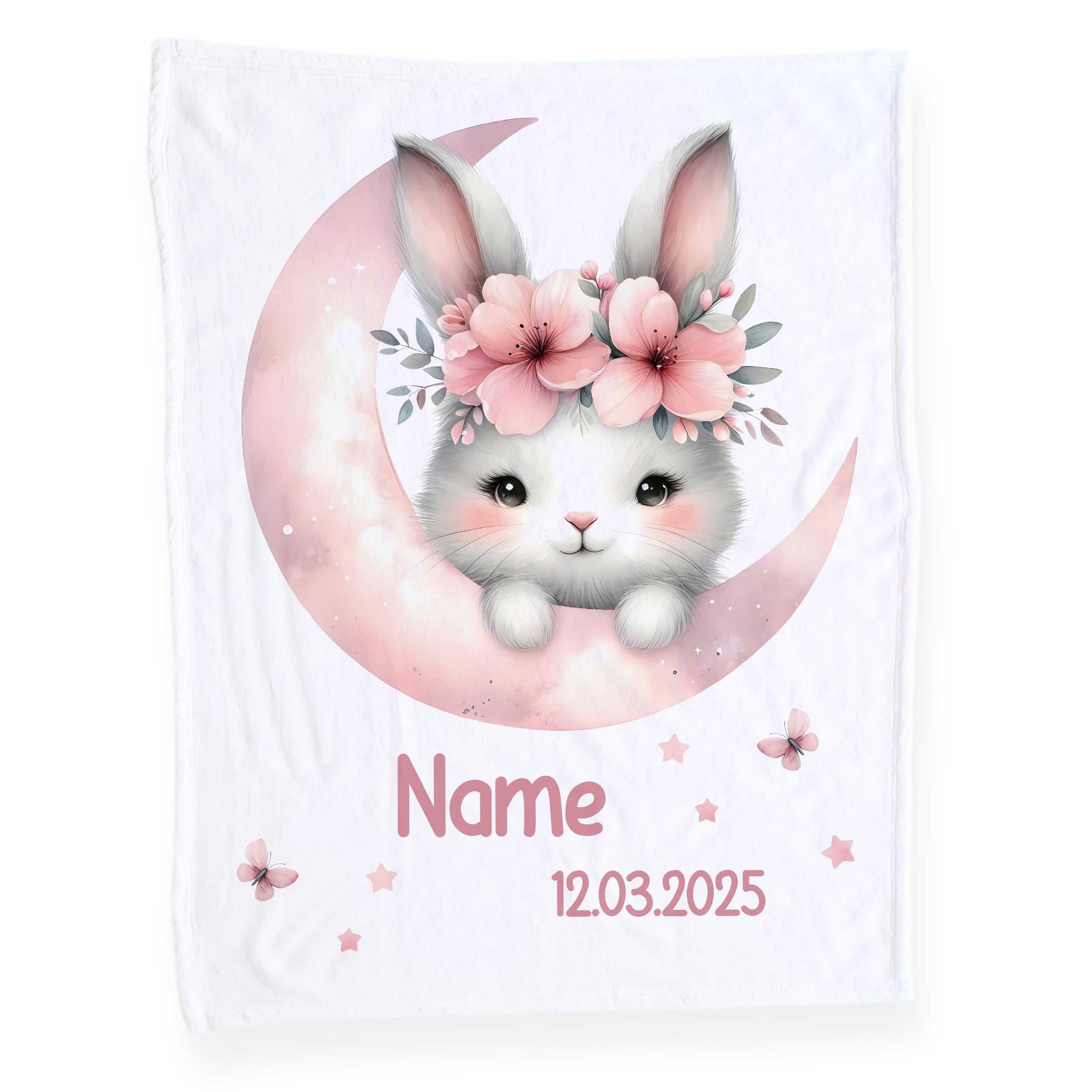 GRAZDesign Babydecke mit Namen und Datum, Weiche Kuscheldecke Hase, Schmusedecke zur Geburt als Geschenk für Mädchen