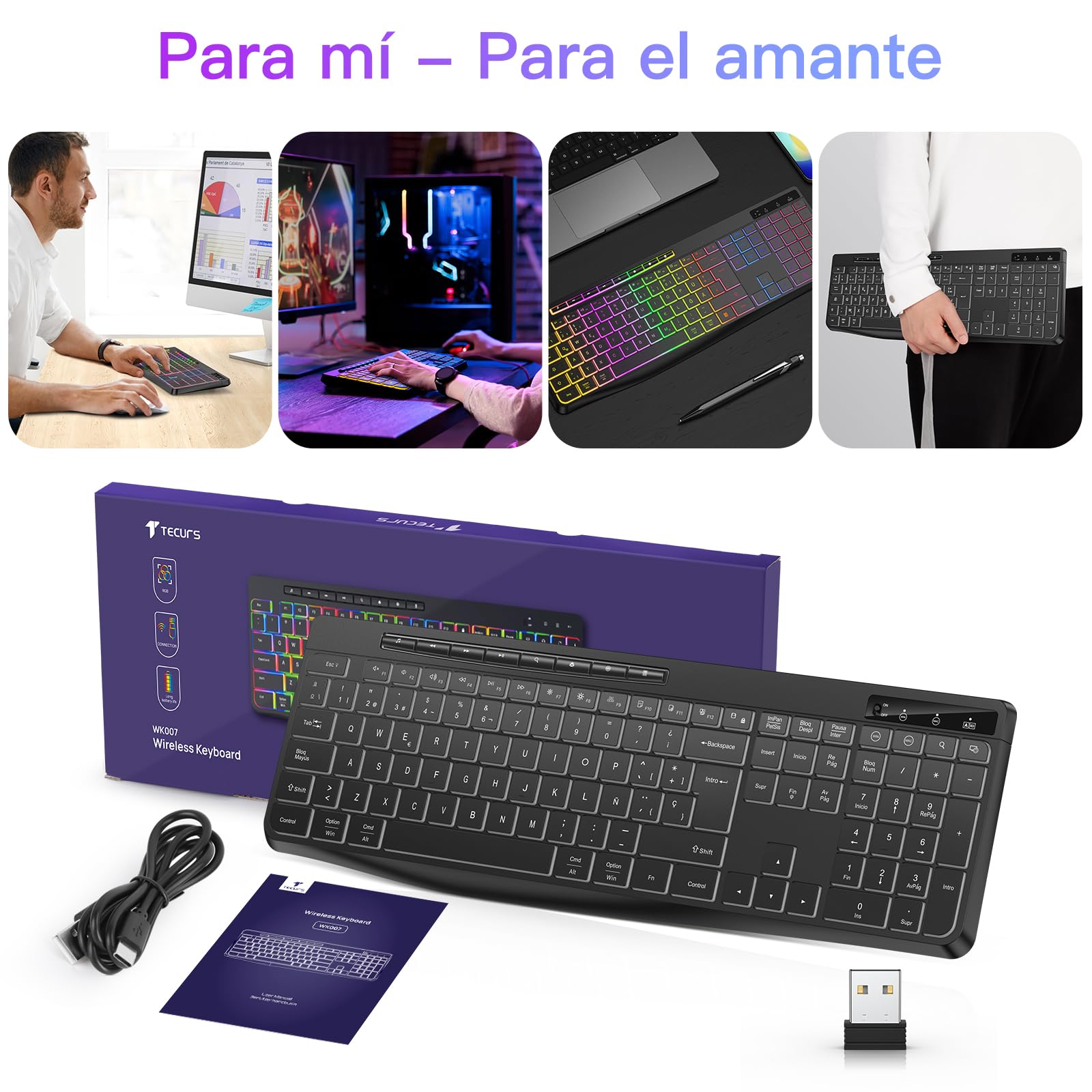 TECURS Tastiera Gaming Wireless - Tastiera QWERTY silenziosa, ergonomica, impermeabile, 2,4 GHz LED tastiera illuminata per PC/computer/Mac/Windows con tasti multimediali