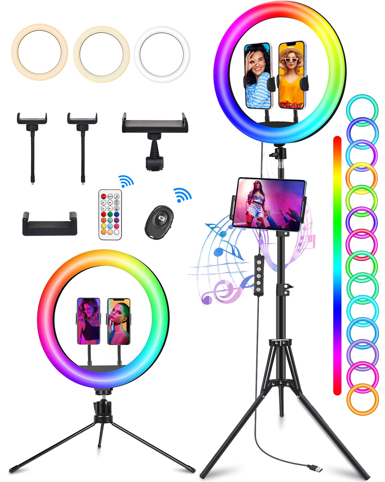 STALLY Anneau lumineux de 33,8 cm avec support, mode musique, 190,5 cm de haut avec 3 supports de téléphone, 3 modes CCT et 48 modes de couleur RVB, trépied pour iPhone avec télécommande sans fil,